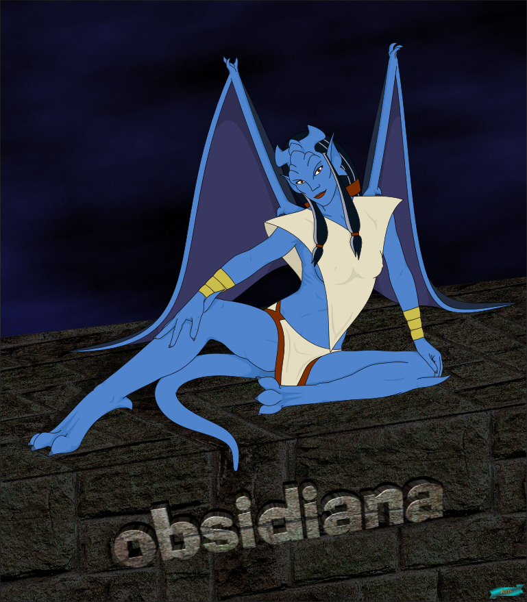 breasts clothed clothing female irl_trace membrane_(anatomy) membranous_wings night simple_background solo wings fab3716 disney gargoyles obsidiana gargoyle humanoid