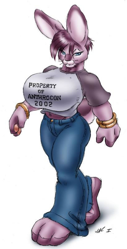 anthro big_breasts big_feet bottomwear bracelet breasts clothing denim denim_bottomwear denim_clothing feet female fur grey_eyes hair huge_breasts huge_feet jeans jewelry pants purple_body purple_fur purple_hair simple_background solo teeth walking white_background white_body white_fur gideon anthrocon lagomorph leporid mammal rabbit 2002 digital_media_(artwork)