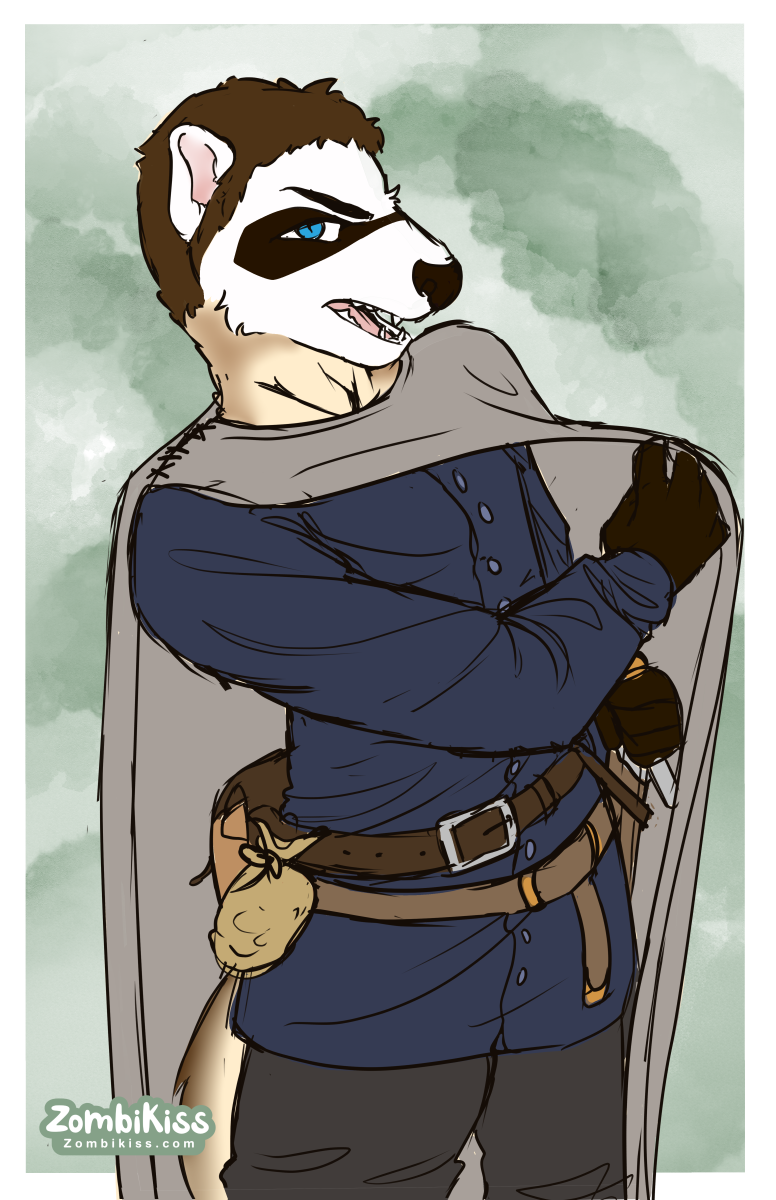 anthro belt belt_pouch black_nose blue_eyes brown_hair cape clothed clothing ear_tuft facial_markings facial_tuft fantasy fully_clothed grey_cape grey_clothing hair head_markings head_tuft holding_melee_weapon holding_object holding_sword holding_weapon male markings mask_(marking) melee_weapon neck_tuft open_mouth pink_inner_ear scabbard solo sword tail tail_tuft tuft weapon white_ears white_face white_tail zombikiss kelchan domestic_ferret mammal mustelid musteline true_musteline weasel hi_res