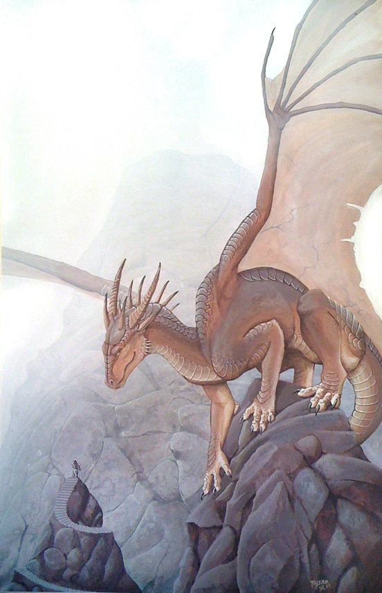 ambiguous_gender brown_body brown_scales feral horn membrane_(anatomy) membranous_wings mountain outside scales solo tail wings myenia european_mythology mythology dragon mythological_creature mythological_scalie scalie western_dragon