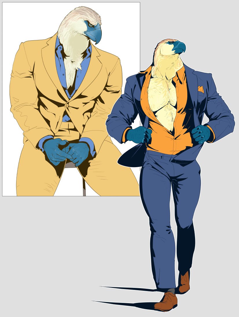 anthro beak clothed clothing male muscular muscular_anthro muscular_male pecs simple_background solo suit purplebirdman accipitrid accipitriform avian bird eagle perninae philippine_eagle