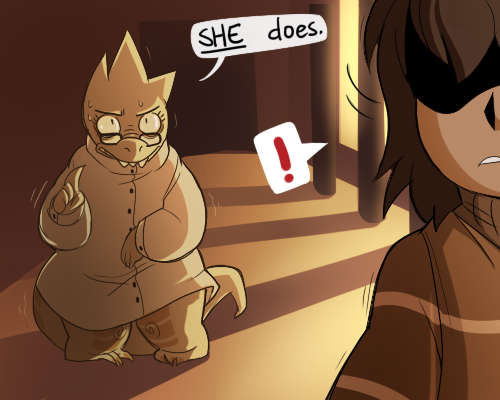 anthro blood bodily_fluids bottomwear clothing dialogue duo exclamation_point eyewear female glasses jacket knife male pants shadow shorts sitting sweater text topwear blinkpen undertale undertale_(series) alphys frisk_(undertale) sans_(undertale) human lizard mammal reptile scalie 5:4 english_text low_res