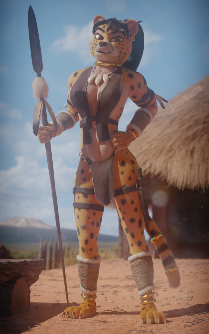 abs africa african anthro athletic athletic_anthro athletic_female black_hair bottomwear claws clothing ear_piercing ear_ring facial_markings feathers female fur gold_(metal) gold_jewelry hair head_markings hut jewelry knife loincloth long_hair looking_at_viewer markings melee_weapon mountain muscular muscular_anthro muscular_female necklace outside piercing polearm ponytail ring_(jewelry) ring_piercing savanna solo spear spots spotted_body spotted_fur standing straps tribal tribal_clothing tribal_jewelry tribal_necklace tribal_outfit weapon whiskers yellow_body yellow_eyes yellow_fur johnwulffe chenira_(johnwulffe) cheetah felid feline felis mammal 3d_(artwork) 5:8 digital_media_(artwork) full-length_portrait portrait