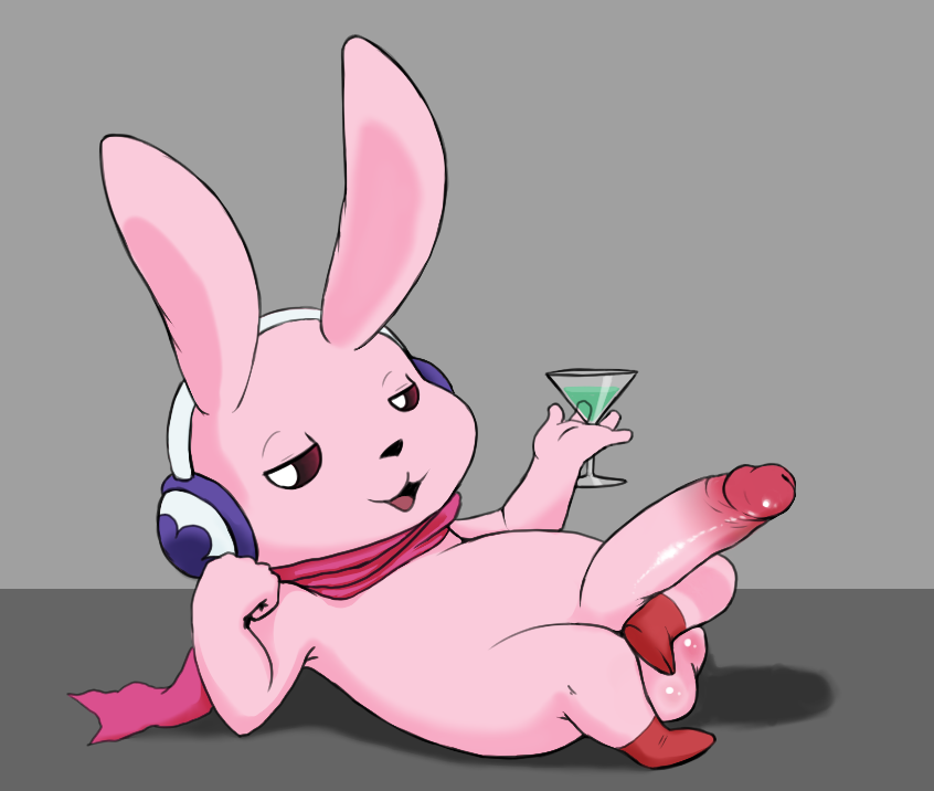 alcohol balls beverage big_penis clothing cocktail electronics erection genitals headphones holding_object humanoid_genitalia humanoid_penis long_ears male martini open_mouth penis scarf simple_background small_but_hung solo nivy_(artist) bandai_namco digimon cutemon digimon_(species) lagomorph leporid mammal rabbit