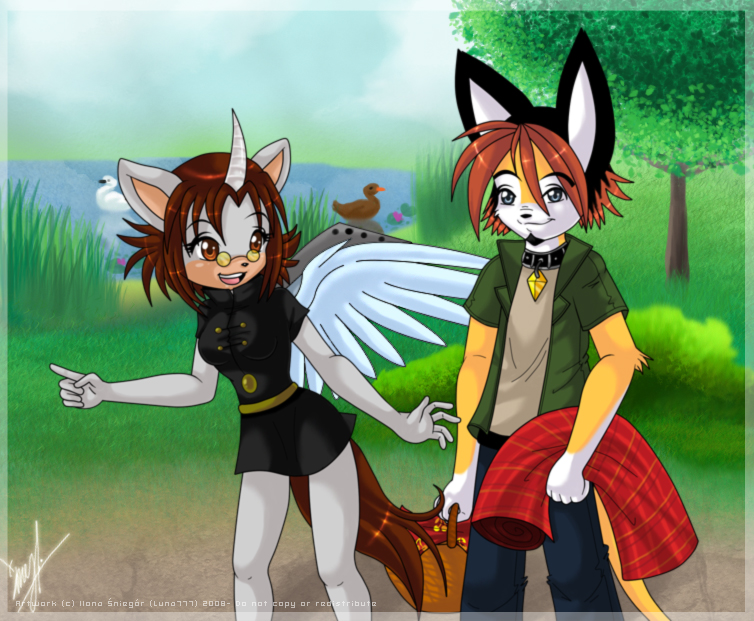 anthro collar crossgender duo_focus feathered_wings feathers female feral group horn lakeside male tail wings luna777 taratsu_(character) anatid anseriform avian bird duck moondog