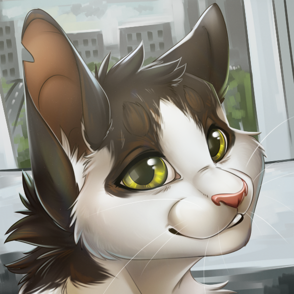 ambiguous_gender anthro black_body black_fur fur green_eyes inner_ear_fluff looking_at_viewer notched_ear pink_nose scar smile solo tuft whiskers white_body white_fur tril-mizzrim wayne domestic_cat felid feline felis mammal 1:1 2015 headshot_portrait icon portrait