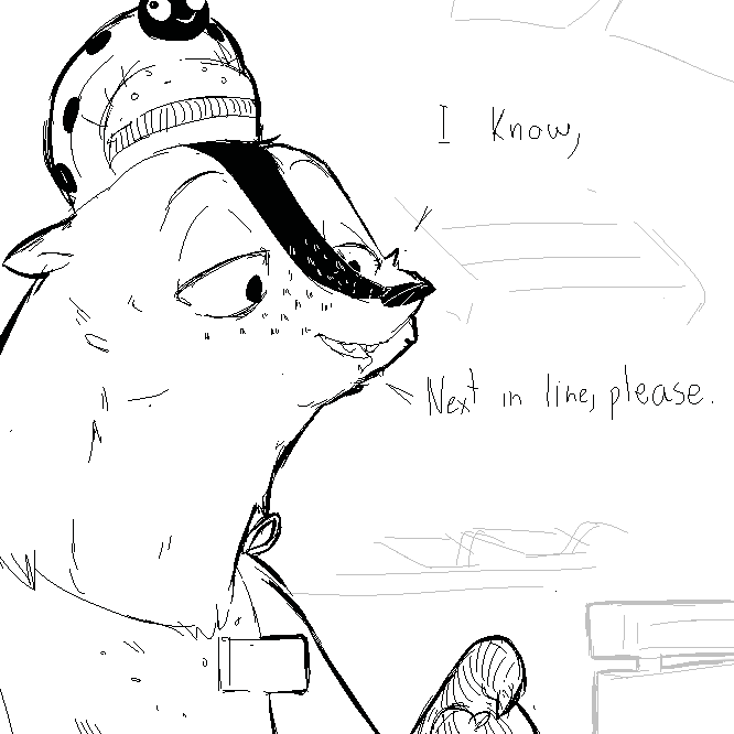 anthro clothed clothing dialogue fur hat headgear headwear male name_tag solo text replytoanons disney pack_street zootopia t_rex_(weaver) badger mammal mustelid musteline 1:1 english_text monochrome