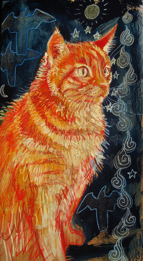 :3 abstract_art abstract_background ambiguous_gender cloud detailed_background digitigrade feral fur group inner_ear_fluff long_mouth looking_away no_sclera orange_body orange_fur orange_nose orange_stripes paws pupils quadruped simple_background sitting sky slit_pupils snout solo_focus star striped_body striped_fur stripes sun tuft whiskers yellow_eyes java maynard avian bird domestic_cat felid feline felis mammal portrait three-quarter_portrait traditional_media_(artwork)