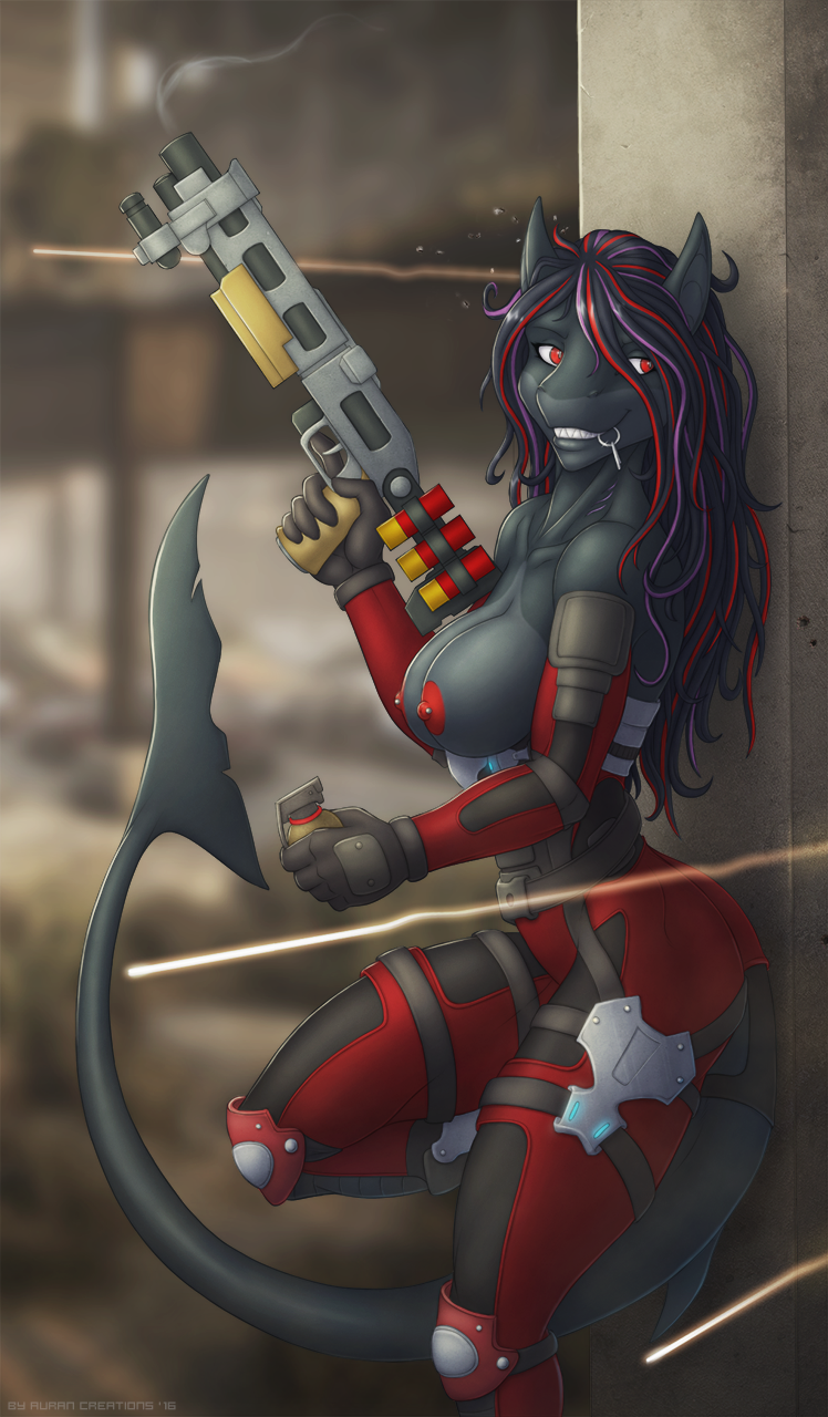 anthro areola armor battle biped black_body black_skin breasts buttstock_shell_holder city clothed clothing detailed_background explosives fangs female fin flashlight futuristic gloves grenade grenade_pin grin gun hair handwear highlights_(coloring) holding_gun holding_object holding_ranged_weapon holding_weapon looking_back multicolored_hair nipple_piercing nipples non-mammal_breasts on_one_leg piercing purple_highlights ranged_weapon red_areola red_eyes red_highlights red_nipples sharp_teeth shell_(projectile) shotgun shotgun_shell skimpy smile solo standing teeth topless unconvincing_armor weapon aurancreations x-com erydia fish marine shark 2016 hi_res