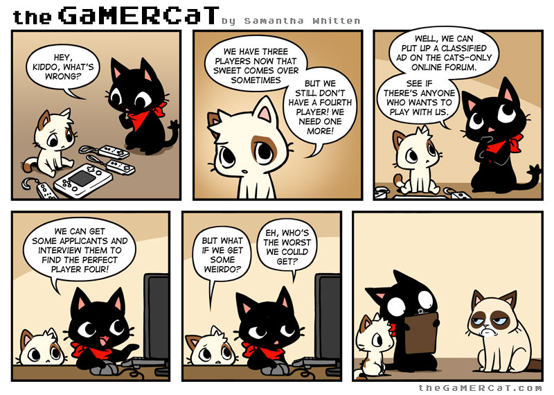 ambiguous_gender anthro black_body black_fur clipboard computer controller dialogue electronics fur game_controller grid_layout group grumpy holding_clipboard holding_object nintendo_controller scarf six_frame_image text white_body white_fur wii_remote young young_ambiguous young_anthro samantha_whitten nintendo the_gamercat wii wii_u gamercat_(character) glitch_(the_gamercat) tardar_sauce domestic_cat felid feline felis mammal english_text meme url