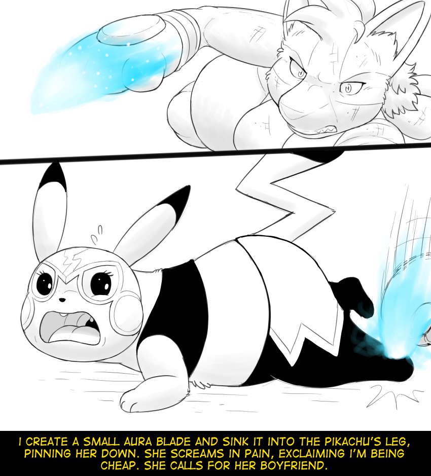 breasts clothing cosplay_pikachu_(costume) costume duo female text uvula fidchellvore nintendo pokemon cosplay_pikachu_(character) fan_character hildegard_(fidchellvore) pikachu_libre generation_1_pokemon generation_4_pokemon lucario pikachu pokemon_(species) 2019 comic female_(lore)