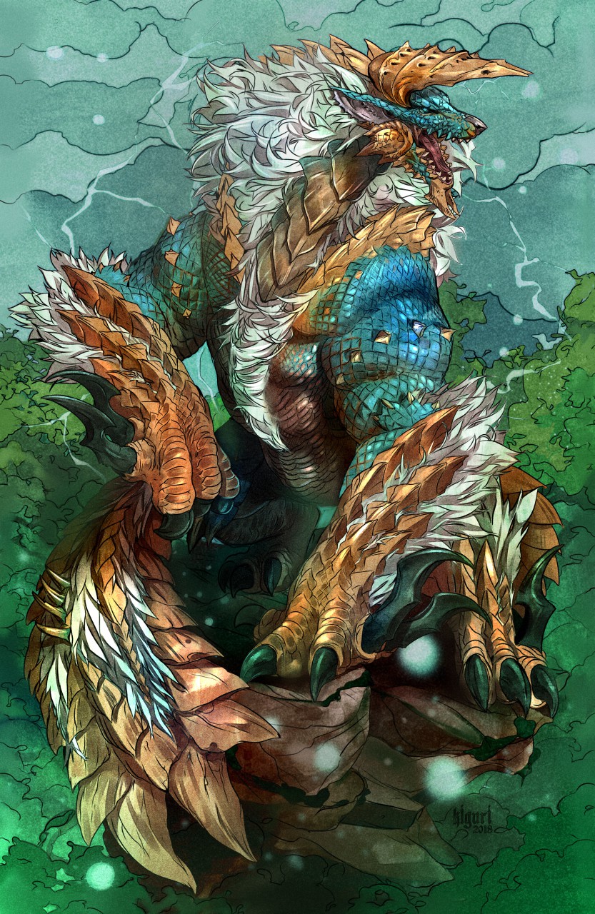 ambiguous_gender claws detailed_background electricity electricity_manipulation elemental_manipulation feral horn open_mouth solo spines teeth tongue kiguri capcom monster_hunter fanged_wyvern zinogre 2018 digital_media_(artwork) hi_res