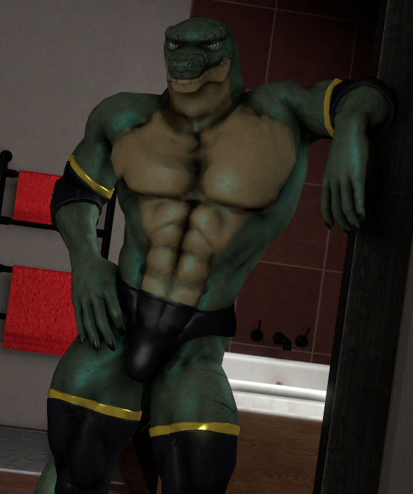 anthro armwear blue_eyes bulge clothed clothing leaning legwear looking_at_viewer male muscular muscular_anthro muscular_male rings_on_arms rings_on_legs solo unknown_artist lizard reptile scalie 3d_(artwork) digital_media_(artwork) source_filmmaker_(artwork)