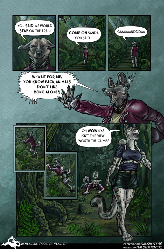 anthro female forest plant text tree redcoatcat salonkitty menagerie_issue_01 kya sanda african_wild_dog canid canine clouded_leopard felid mammal pantherine comic english_text