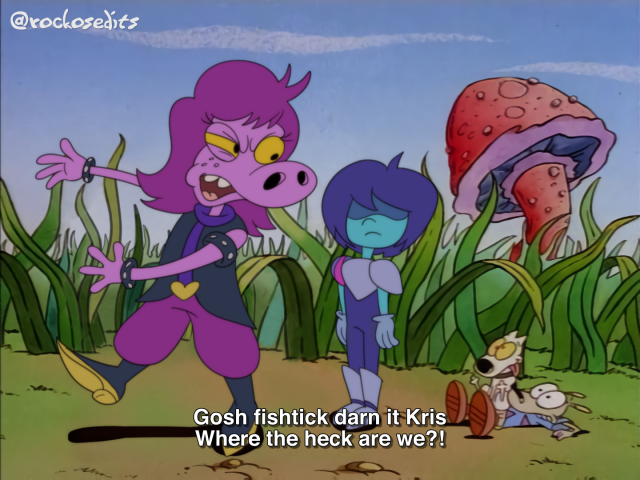 4_fingers anthro captions clothed clothing detailed_background dialogue female feral fingers fungus grass group humor male mushroom outside plant purple_body sky style_emulation text rockosedits deltarune kris_where_are_we nickelodeon rocko's_modern_life undertale_(series) kris_(deltarune) rocko_rama spunky_(rocko's_modern_life) susie_(deltarune) canid canine canis dinosaur domestic_dog human mammal prehistoric_species reptile scalie 2021 4:3 english_text meme signature