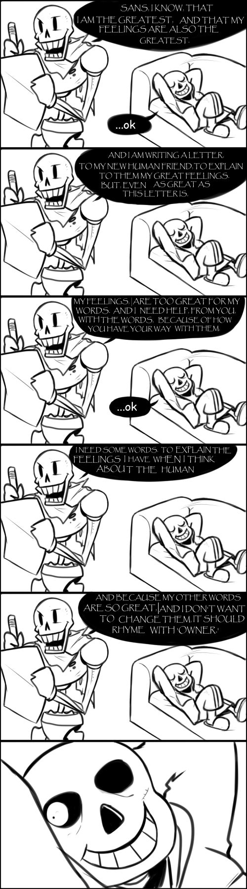 armor bone dialogue furniture humor not_furry paper pencil_(object) skeleton smile sofa speech_bubble text sildre undertale undertale_(series) papyrus_(undertale) sans_(undertale) animated_skeleton undead comic english_text hi_res monochrome brother_(lore) brothers_(lore) sibling_(lore)