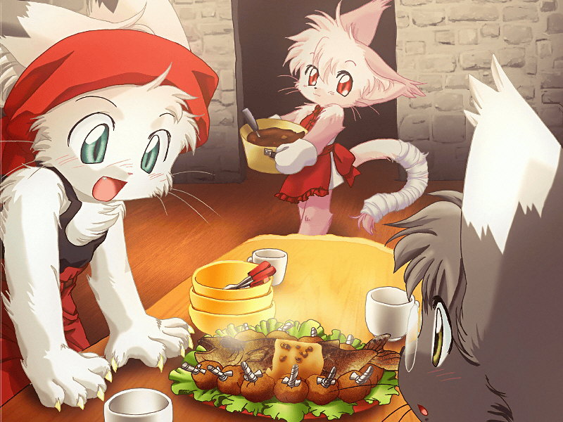 anthro female food group happy male meal tail ikuta_takanon tail_tale yaminabe_aries lick_zack nap_zack run_turn domestic_cat felid feline felis fish mammal marine 4:3