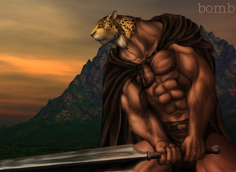 abs athletic belt biceps big_muscles cape clothed clothing faceless_character faceless_male for_a_head glistening grasp holding_melee_weapon holding_object holding_sword holding_weapon looking_away male manly mask melee_weapon mountain muscular muscular_male navel nipples outside pecs pose shadow solo spots standing sword topless vein veiny_muscles weapon bomb_(artist) guin_saga guin animal_head animal_humanoid felid humanoid leopard mammal pantherine 3d_(artwork) digital_media_(artwork)