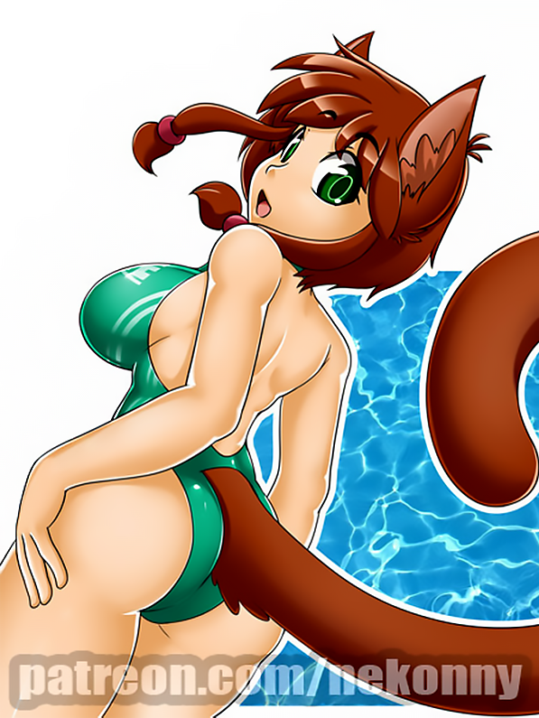 accessory backless_clothing backless_swimsuit big_breasts big_tail breasts brown_body brown_fur brown_hair butt clothing female fur glistening glistening_body green_eyes hair hair_accessory hand_on_butt looking_at_viewer looking_back one-piece_swimsuit open-back_swimsuit open_mouth raised_tail rear_view solo swimwear tail transformation water nekonny sammy_(imew) animal_humanoid cat_humanoid felid felid_humanoid feline feline_humanoid felis humanoid mammal mammal_humanoid watermark