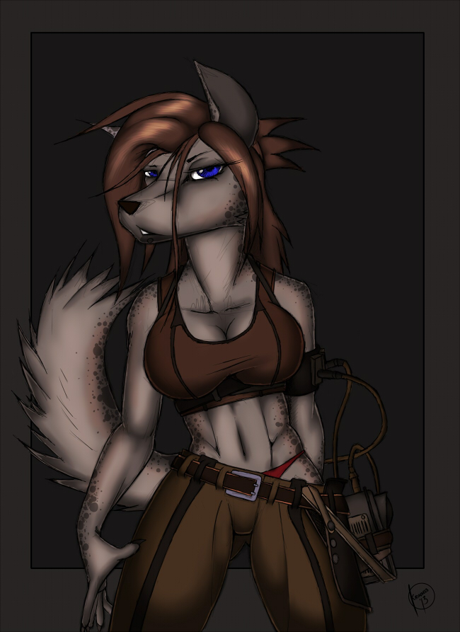 abs anthro belt blue_eyes breasts brown_clothing brown_hair cleavage clothed clothing computer electronics female hair solo spots tail thong underwear krinkels canid canine canis mammal wolf