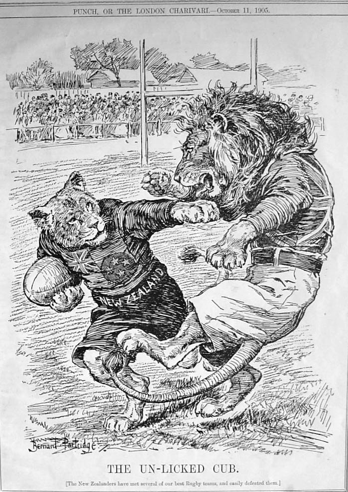 age_difference anthro biped claws clothed clothing duo_focus group male mane new_zealand_flag paws plant rugby tail tail_tuft text tree tuft whiskers young young_anthro young_male john_bernard_partridge public_domain felid lion mammal pantherine 1905 20th_century ancient_art english_text monochrome traditional_media_(artwork)