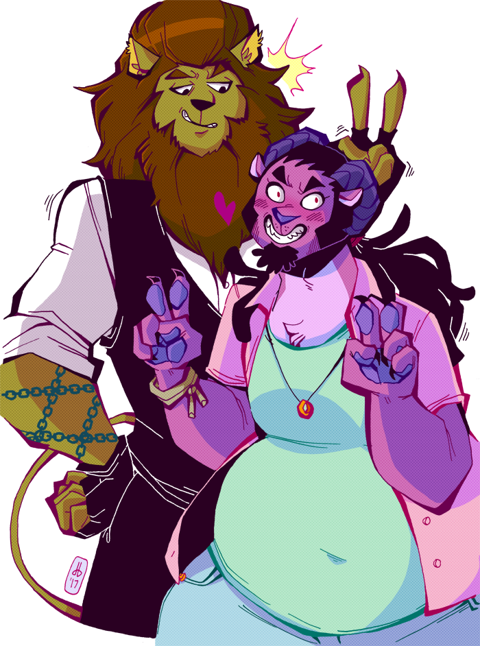 anthro belly big_belly brown_hair clothing duo hair male overweight purple_body shirt simple_background topwear white_background d._e._belton_(artist) chimera felid lion mammal pantherine 2017