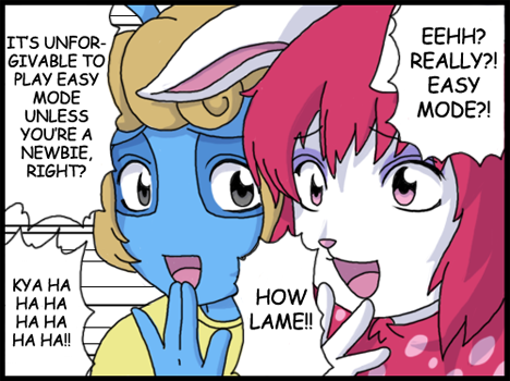 anthro chest_tuft clothing dialogue duo female fur hair laugh ojou_laugh open_mouth parody style_emulation text tuft naoren kimoi_girls neopets touhou aisha_(neopets) cybunny felid lagomorph mammal neopet_(species) colored english_text low_res meme