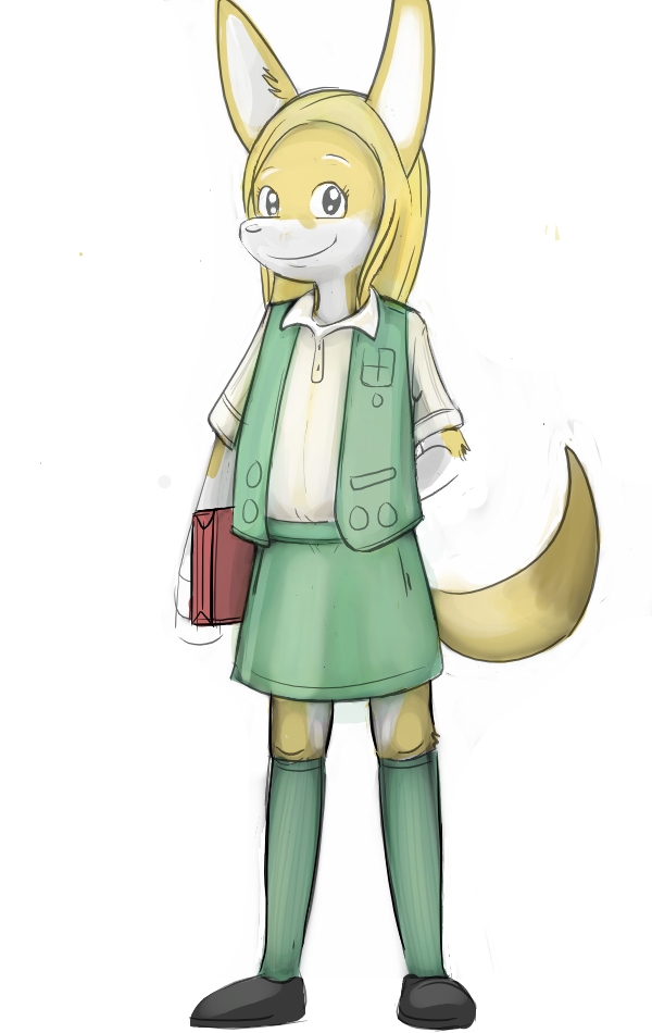 anthro clothing eyebrows female footwear fur hair shoes simple_background solo tail white_background young young_anthro young_female justvisitingg girl_scout team_fortress_2 valve scout_(team_fortress_2) canid canine fennec_fox fox mammal true_fox