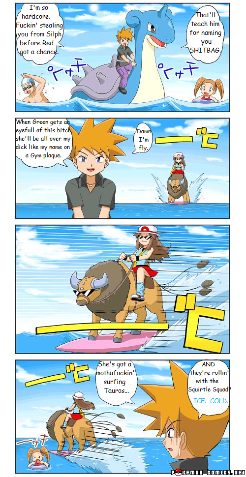 ambiguous_gender blue_body countershading dialogue female feral male profanity sea speech_bubble text water unknown_artist nintendo pokemon blue_(pokemon) leaf_(pokemon) generation_1_pokemon lapras pokemon_(species) tauros comic english_text