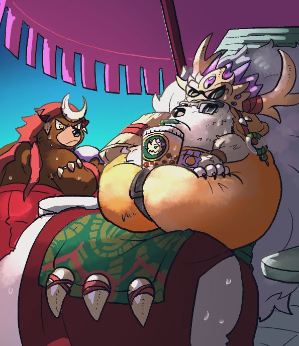 anthro bendy_straw beverage brown_body brown_fur bubble_tea clothing drinking_straw duo eyewear fur humanoid_hands male overweight overweight_male parasol sitting sunglasses white_body white_fur cobalt_lute sdorica crushfang_(sdorica_sunset) dagger_(sdorica_sunset) bear mammal polar_bear ursine 2019