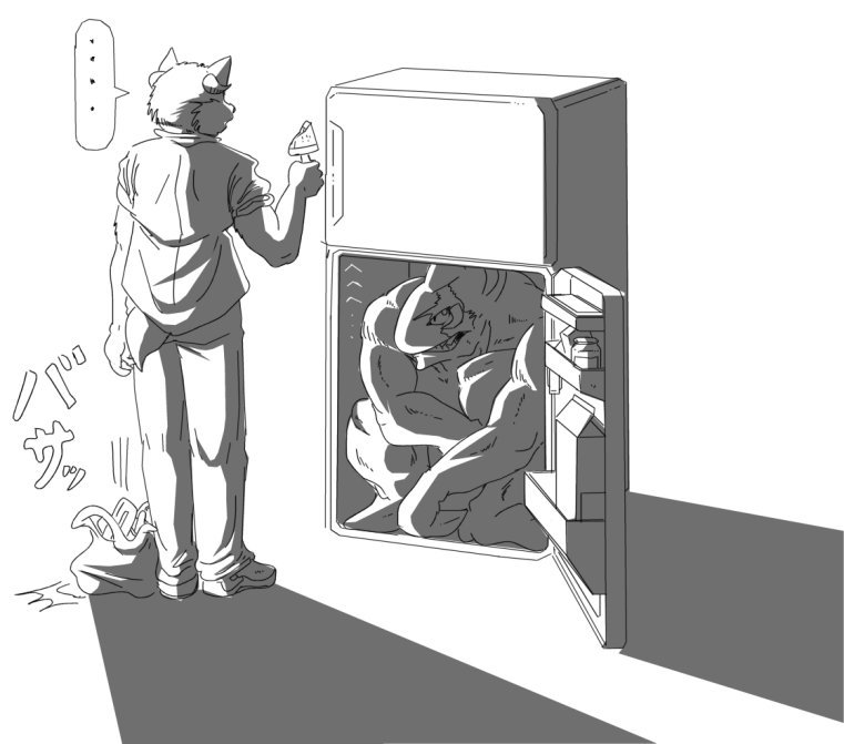 anthro appliance duo fridge horn in_fridge kitchen_appliance machine male muscular what toki1205 fish marine shark monochrome