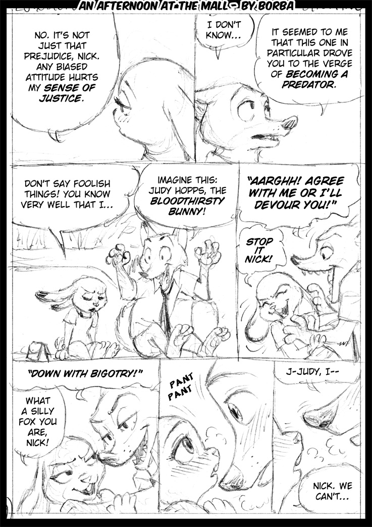 anthro blush breath buckteeth clothed clothing dialogue duo female looking_at_another male male/female necktie open_mouth shirt speech_bubble teeth text topwear borba disney zootopia judy_hopps nick_wilde canid canine fox lagomorph leporid mammal rabbit red_fox true_fox 2019 black_and_white comic english_text monochrome sketch