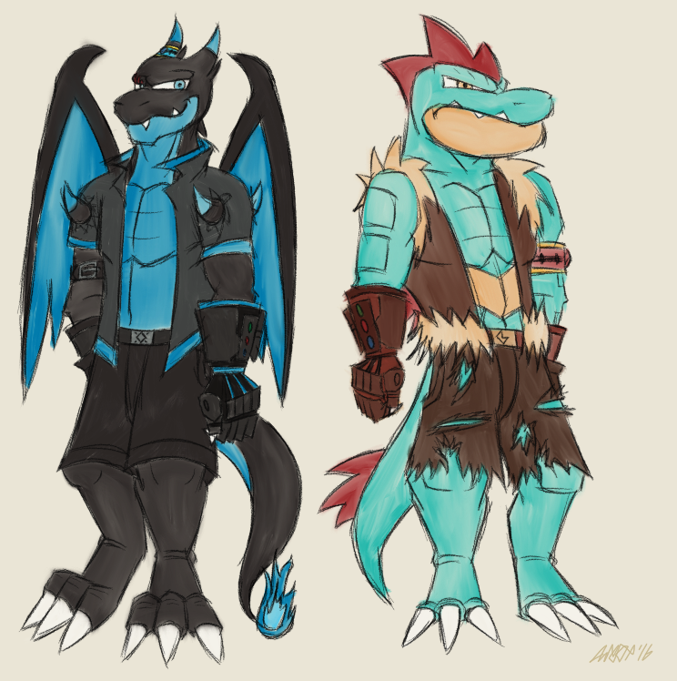 anthro armor clothing duo furred_clothing gauntlets gloves handwear male simple_background wings unknown_artist unknown_artist_signature nintendo pokemon gnasher taevarth feraligatr generation_2_pokemon generation_6_pokemon mega_charizard mega_charizard_x mega_evolution pokemon_(species) 2016 signature