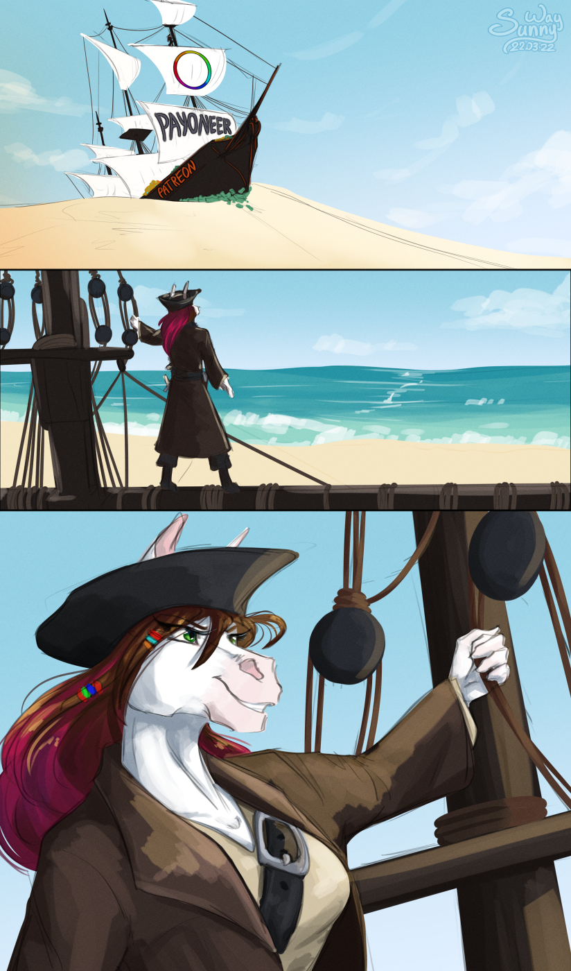 anthro biped clothed clothing desert female freedom fully_clothed hero money patreon_artist pirate russia sea ship smile solo standing text vehicle water watercraft sunny_way disney patreon payoneer pirates_of_the_caribbean sunny_way_(character) equid equine horse mammal 2022 comic digital_media_(artwork) digital_painting_(artwork) guide_lines hi_res sketch url