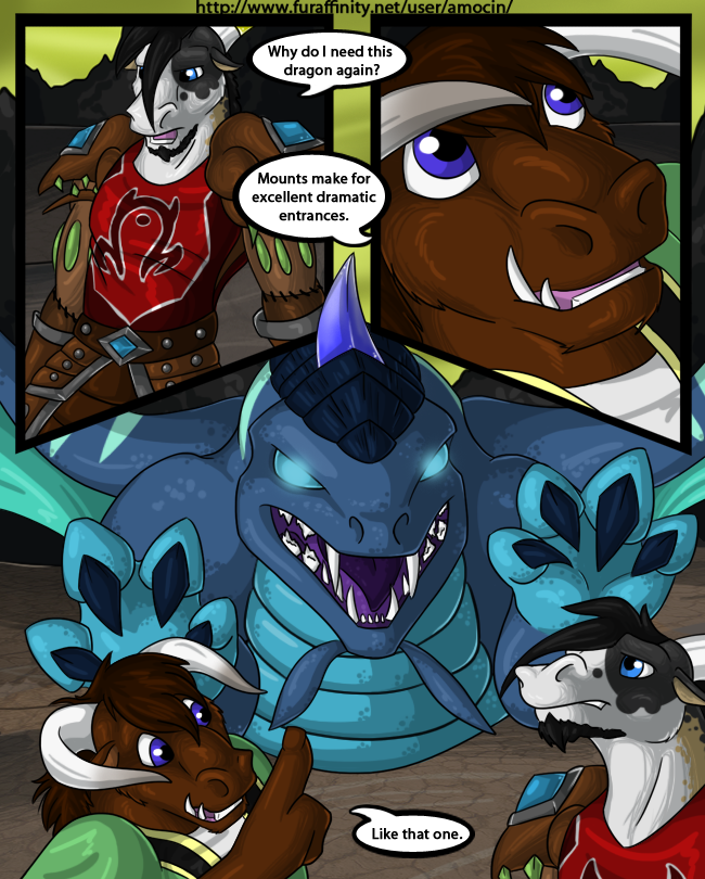 anthro armor dialogue feral group horde male text amocin blizzard_entertainment druids_the_comic european_mythology mythology warcraft anders_(amocin) kaitrin serid_(amocin) bovid bovine dragon mammal mythological_creature mythological_scalie netherdrake scalie tauren western_dragon comic english_text