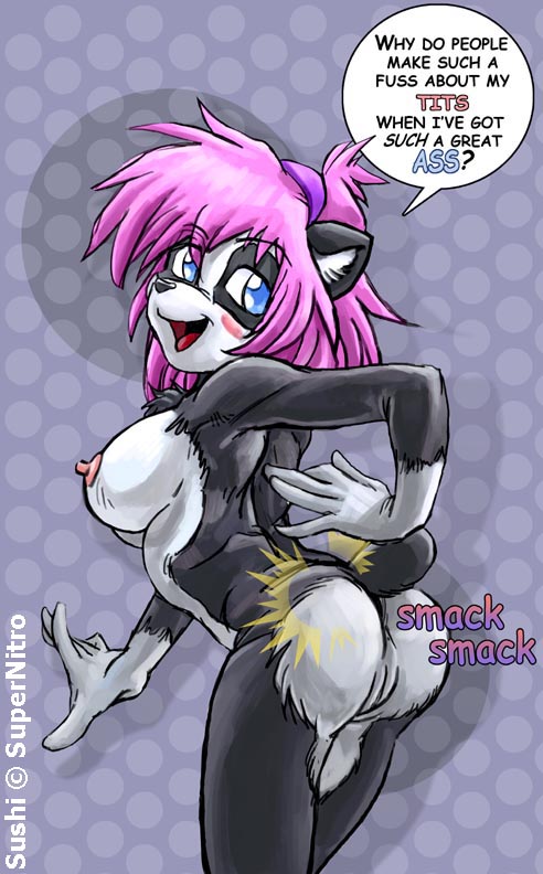 anthro blue_eyes blush breasts butt butt_slap dialogue female genitals hair looking_at_viewer nipples nude pink_hair pussy slap solo spanking talking_to_viewer text unknown_artist sushi_(nitro) bear giant_panda mammal english_text