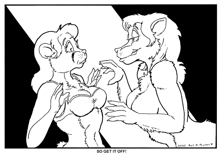 breasts clothed clothing dialogue duo female female/female hair nude text steamfox chakona_space goldendale lupu canid canid_taur canine canine_taur canis chakat cougar felid felid_taur feline mammal mammal_taur taur wolf wolf_taur 2005 english_text monochrome herm_(lore)