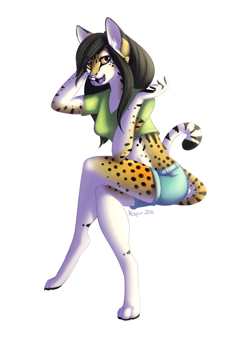 anthro black_hair black_paws chatty female hair pink_nose simple_background solo spots white_background yellow_eyes vespur felid feline mammal serval