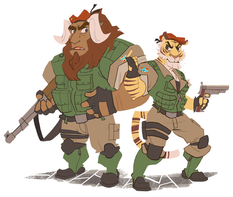 anthro army beret clothing duo gun handgun hat headgear headwear holding_gun holding_object holding_ranged_weapon holding_weapon hooves male military muscular ranged_weapon rifle tail uniform weapon hodori konstantin_krasnevin lyuk bovid caprine felid mammal muskox pantherine tiger lineless