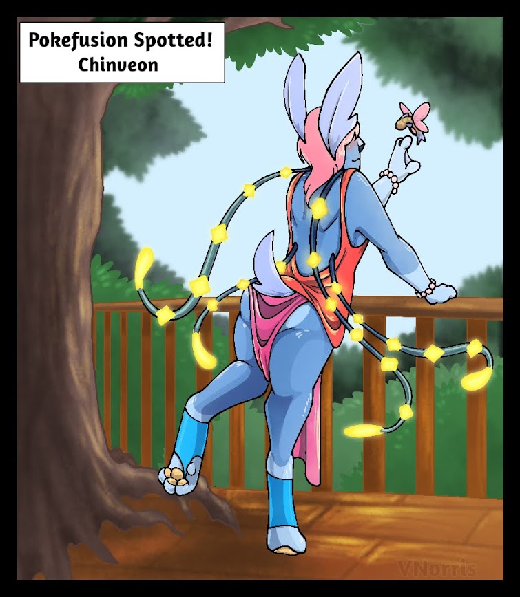 black_nose blue_body blue_clothing clothing fusion hair intersex leaning_on_object long_ears maleherm membrane_(anatomy) obscured_eyes one_paw_up open-back_clothing pawpads paws pearl_bracelet pink_clothing pink_hair plant pokemon_fusion short_tail solo tail tendrils text_box tree webbed_hands puppetmaster13uwu nintendo pokemon chinchou eeveelution flying_fish generation_2_pokemon generation_6_pokemon humanoid hybrid pokemon_(species) sylveon