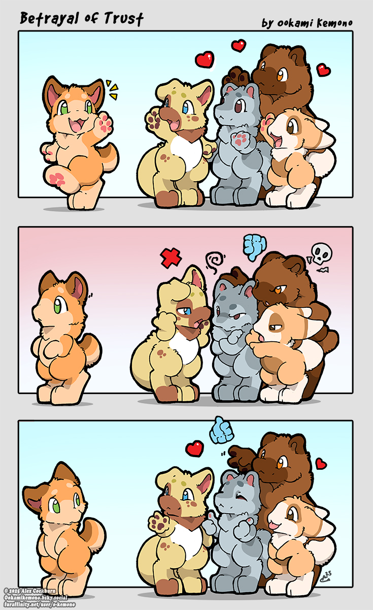 ambiguous_gender anthro blep blue_eyes bone brown_body brown_eyes brown_fur chibi digitigrade ear_twitch featureless_crotch fur gesture green_eyes grey_body grey_fur group hand_gesture heart_symbol looking_at_another nude orange_eyes pawpads skull standing tan_body tan_fur thumbs_down thumbs_up tongue tongue_out walking wave o-kemono bear canid canine canis domestic_dog mammal 2025 hi_res