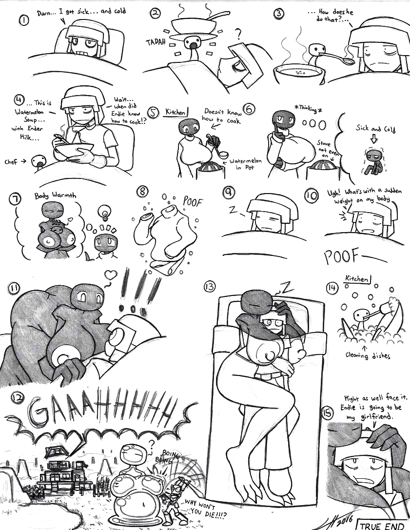 armor big_breasts breasts clothing cuddling female food fruit melon not_furry nude plant slime sweater text topwear mutantnight microsoft minecraft mojang xbox_game_studios baby_creeper endie iron_boy slime_girlfriend creeper_(minecraft) enderman human mammal comic english_text monochrome