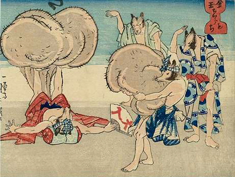 anthro asian_clothing balls big_balls clothing east_asian_clothing exercise genitals group huge_balls japanese_clothing male weightlifting workout utagawa_kuniyoshi asian_mythology east_asian_mythology japanese_mythology mythology public_domain canid canine mammal raccoon_dog tanuki yokai 1844 19th_century ancient_art low_res