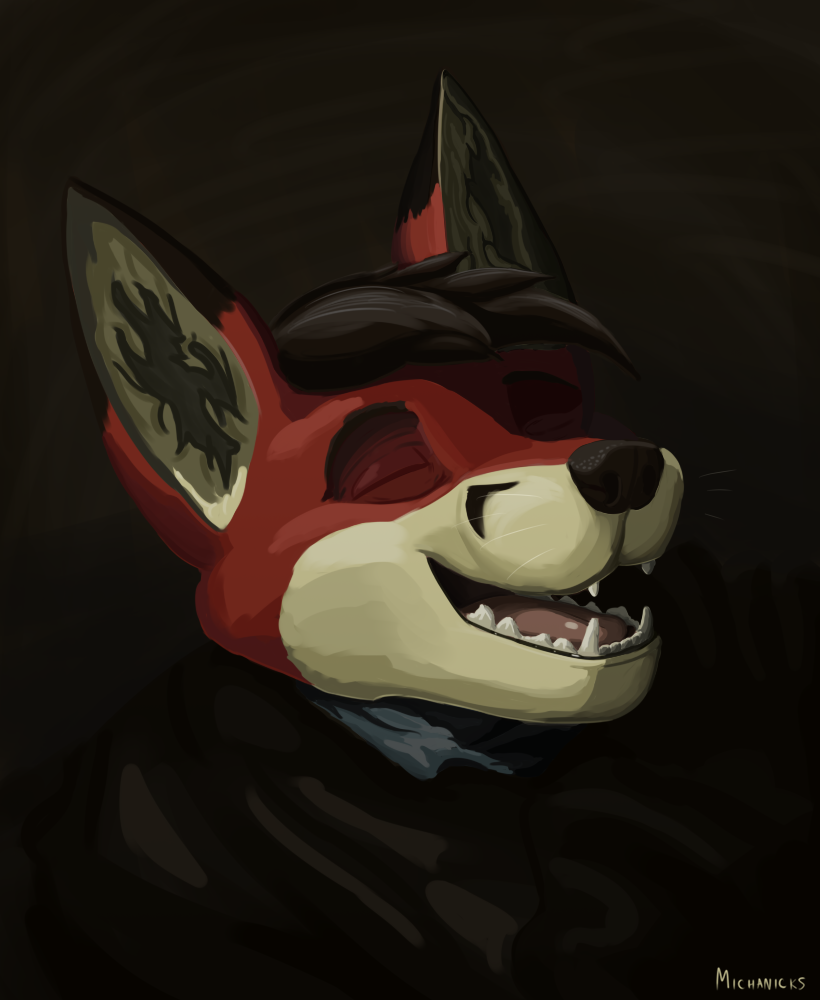 anthro black_hair blind dark_clothing disability fur hair happy male red_body red_fur smile solo white_body white_fur michanicks michanicks_(fursona) canid canine fox mammal dark_background digital_media_(artwork) digital_painting_(artwork) headshot_portrait painting_(artwork) portrait