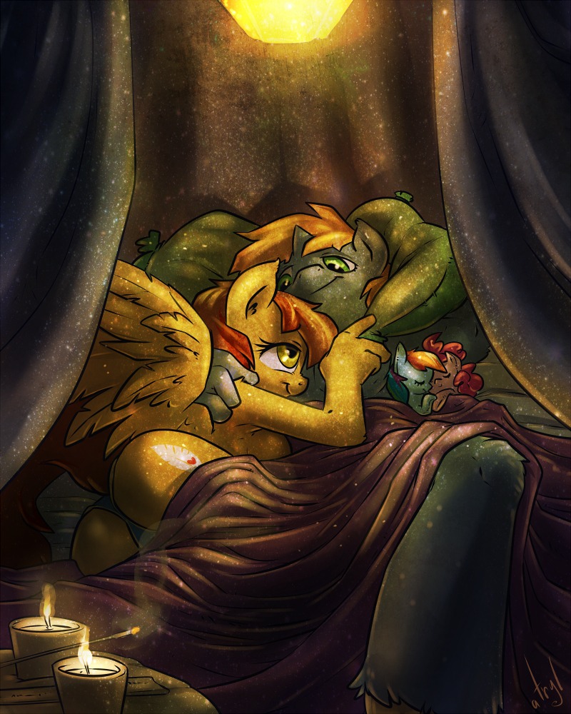 anthro bed blue_body blue_feathers blue_fur breasts candle canopy_bed clothed clothing cuddling doll duo eye_contact feathered_wings feathers female fire fur furniture green_eyes hair horn looking_at_another male male/female multicolored_hair orange_hair pink_hair rainbow_hair romantic romantic_ambiance side_boob smile tail topless two_tone_hair wings yellow_body yellow_eyes yellow_feathers atryl friendship_is_magic hasbro my_little_pony mythology fan_character pinkie_pie_(mlp) rainbow_dash_(mlp) earth_pony equid equine horse mammal mythological_creature mythological_equine pegasus pony unicorn 4:5 character_request digital_media_(artwork)