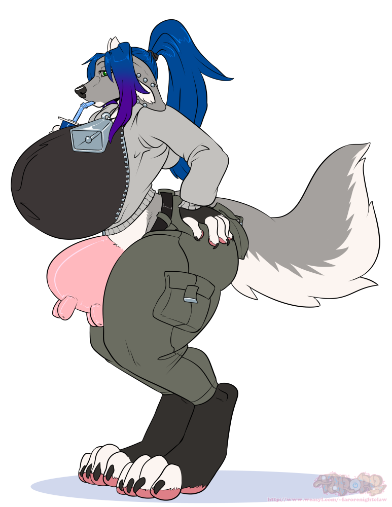 anthro bendy_straw big_breasts biped blue_hair breasts breasts_and_teats clothed clothing cowbell drinking drinking_straw female fluffy fluffy_tail fully_clothed green_eyes hair horn huge_breasts logo ponytail side_view solo tail teats udders white_horn farorenightclaw cassio bovid bovine canid canine canis cattle hybrid mammal wolf 2016 artist_logo