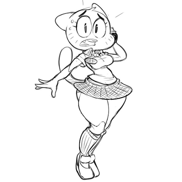 anthro bodily_fluids bottomwear breasts clothed clothing female fur looking_at_viewer mature_anthro mature_female miniskirt skirt solo surprise sweat wide_hips stickypad cartoon_network the_amazing_world_of_gumball nicole_watterson domestic_cat felid feline felis mammal 1:1 monochrome