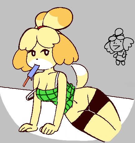 anthro bottomwear breasts camisole cleavage clothed clothing female food hotpants off_shoulder popsicle shorts simple_background solo spandex spandex_shorts tight_bottomwear tight_clothing tight_shorts loveboxf animal_crossing nintendo isabelle_(animal_crossing) canid canine canis domestic_dog mammal low_res