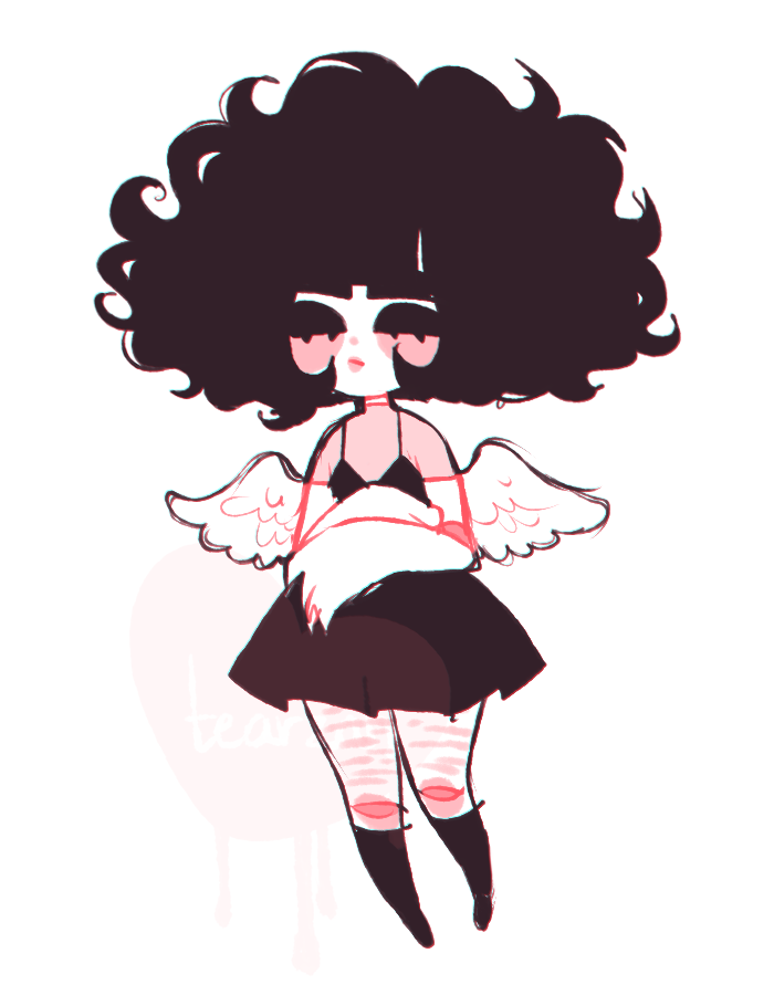 alternative_fashion ambiguous_gender bangs big_hands black_hair chibi clothed clothing dress eyelashes feathered_wings feathers footwear goth hair not_furry pear-shaped_figure scar self-harm_scars simple_background socks solo white_body wide_hips wings dreamalgia ash_kinoshita angel angel_humanoid humanoid winged_humanoid 2018 digital_media_(artwork) nonbinary_(lore)