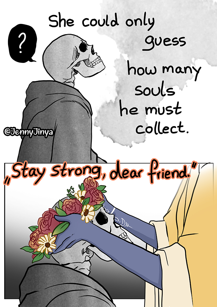 5_fingers arm_tattoo bone cloak clothing dialogue duo female fingers flower flower_crown hood hood_down internal_dialogue looking_up male plant robe rose_(flower) skeleton skull skull_head tattoo text jenny_jinya loving_reaper death_(personification) life_(jenny_jinya) animated_skeleton humanoid spirit undead english_text